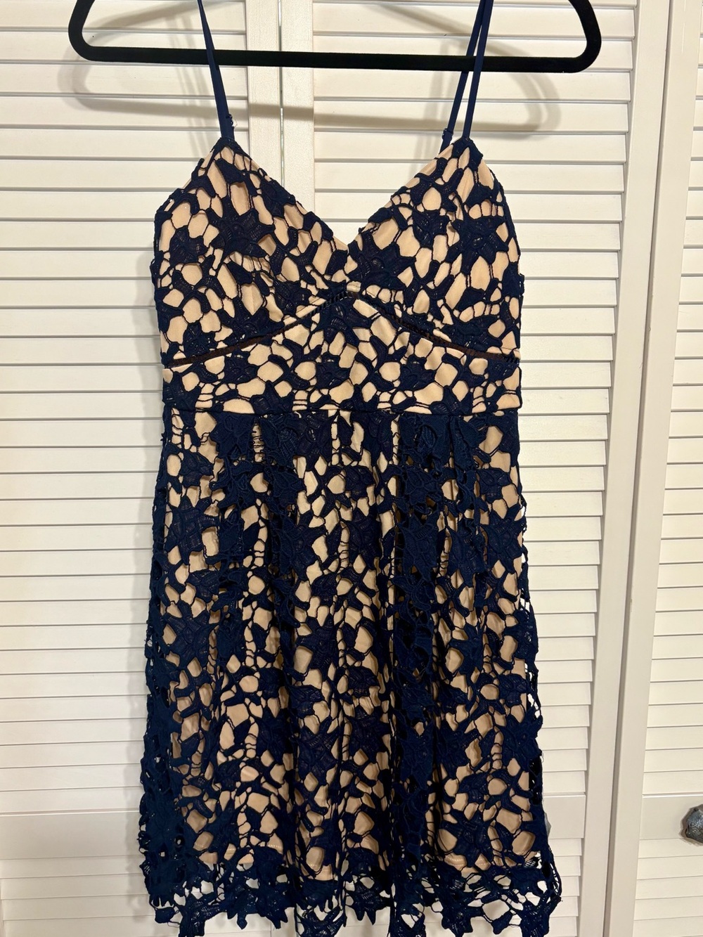 dina be Navy Blue Crochet Overlay Mini Dress with Nude Lining